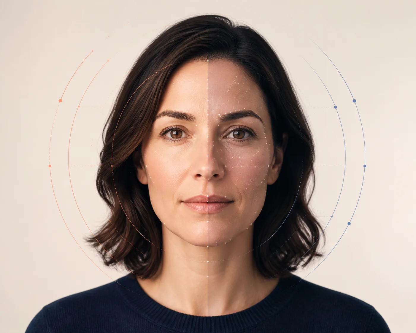 Editorial illustration showing how lighting and facial landmarks can affect apparent-age estimation
