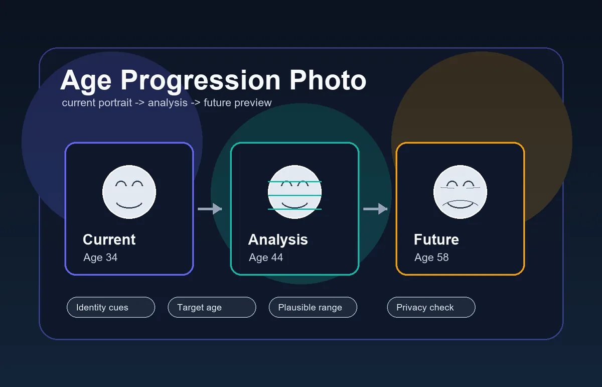Editorial diagram showing an age progression photo workflow from current portrait to future preview