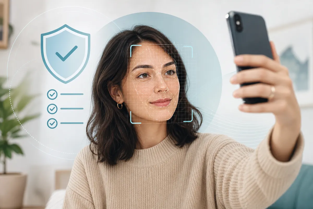 Illustration of a safe age verification photo workflow with selfie, privacy shield, and face analysis cues