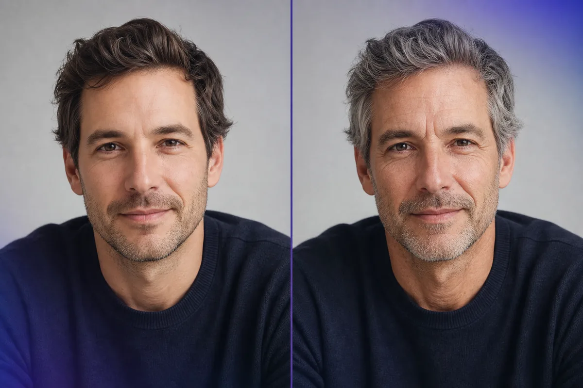 Editorial split portrait showing a natural face and a subtly older AI age-filter preview