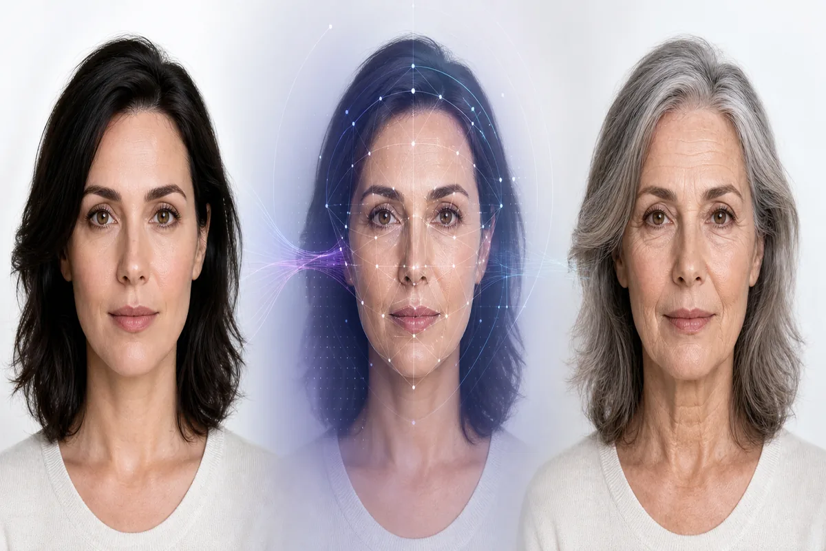 Editorial three-stage illustration of a portrait, facial analysis, and an older-looking preview