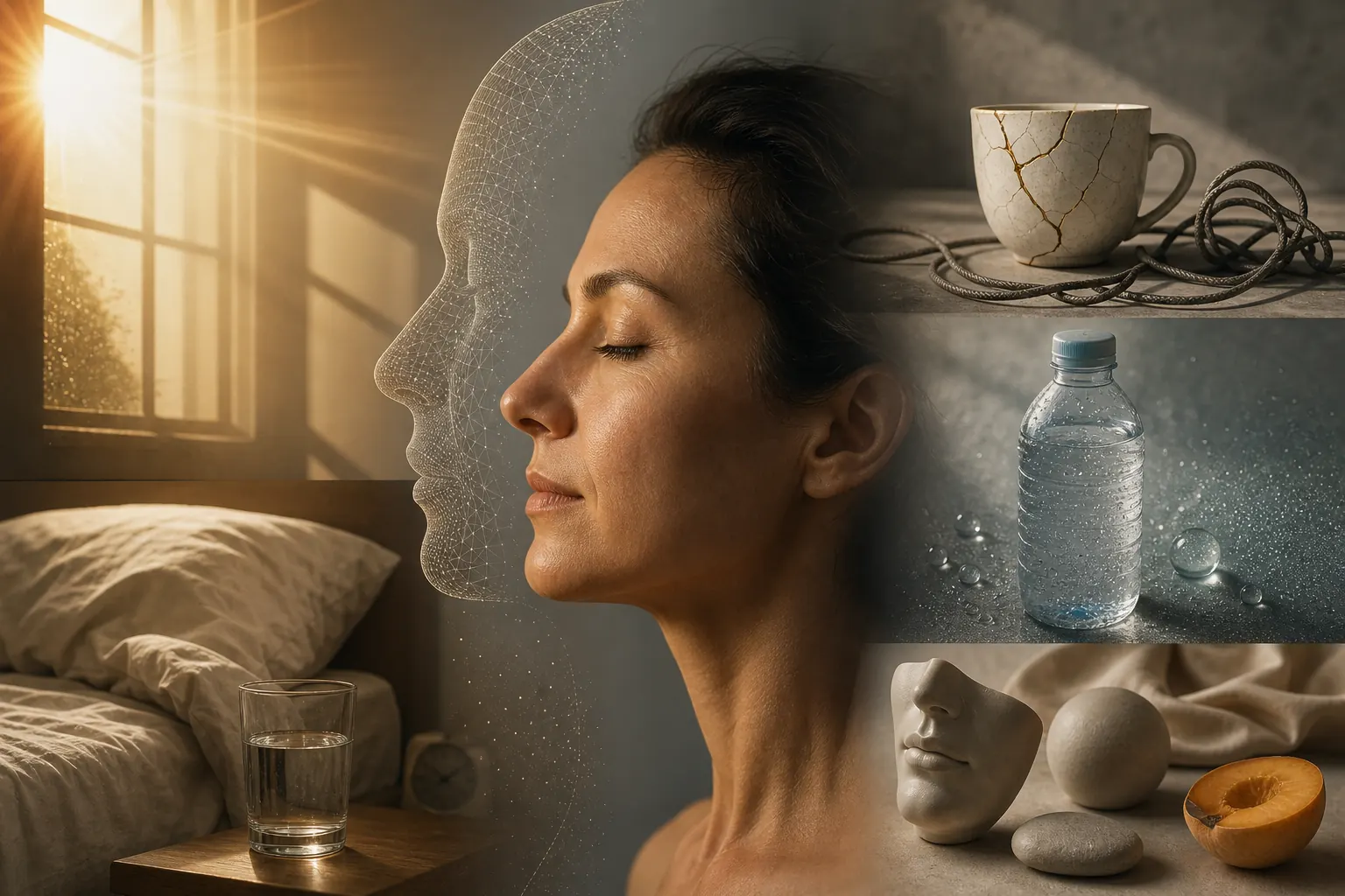 Editorial visual showing sunlight, sleep, stress, hydration, and facial volume as perceived age factors
