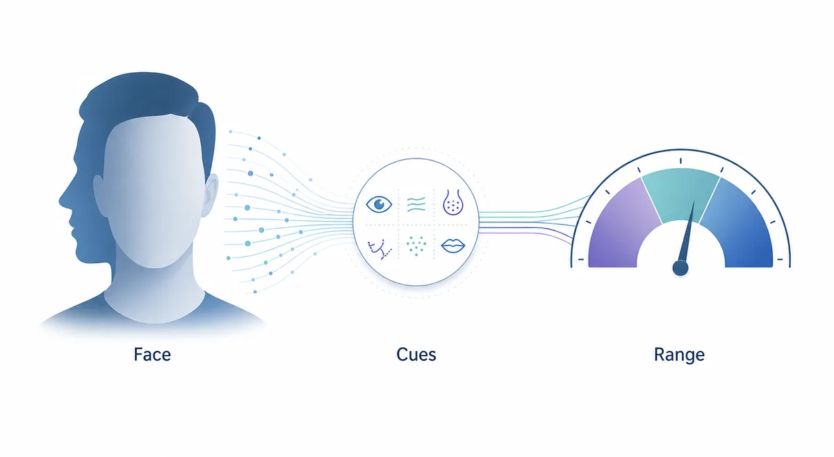 Editorial diagram showing a face, facial cues, and an age range gauge for facial age estimation
