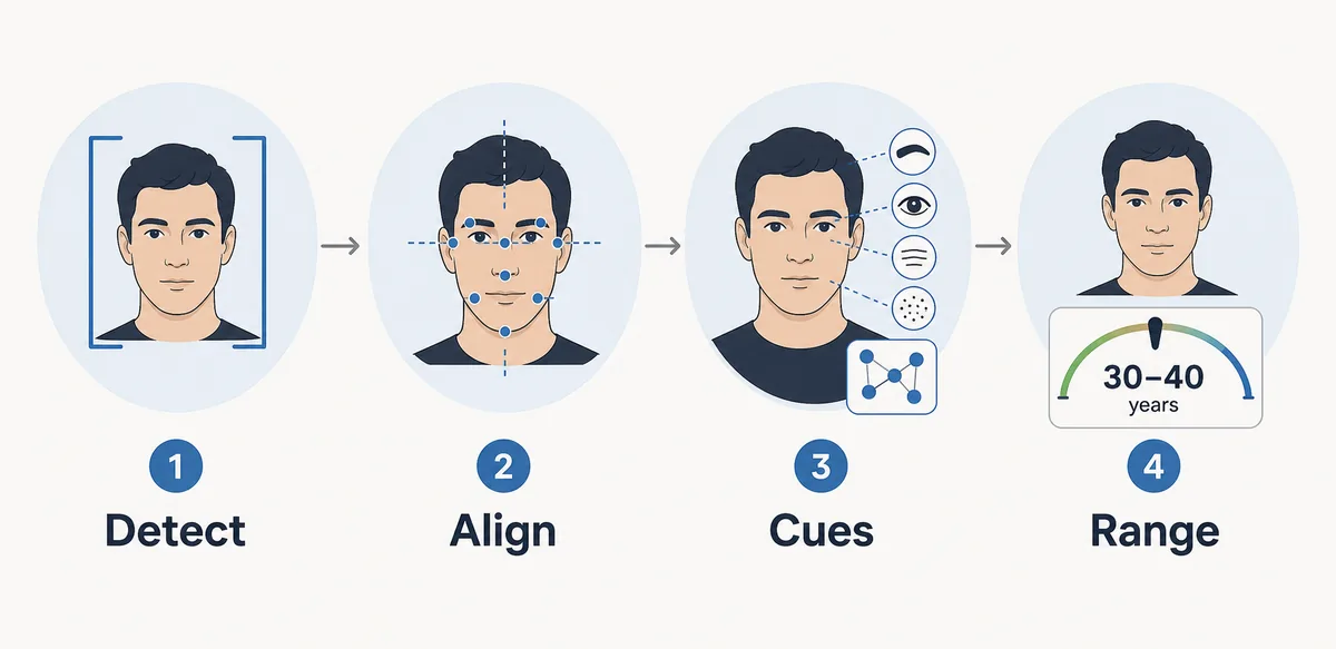 Step flow showing face detection, alignment, facial cues, and age range output