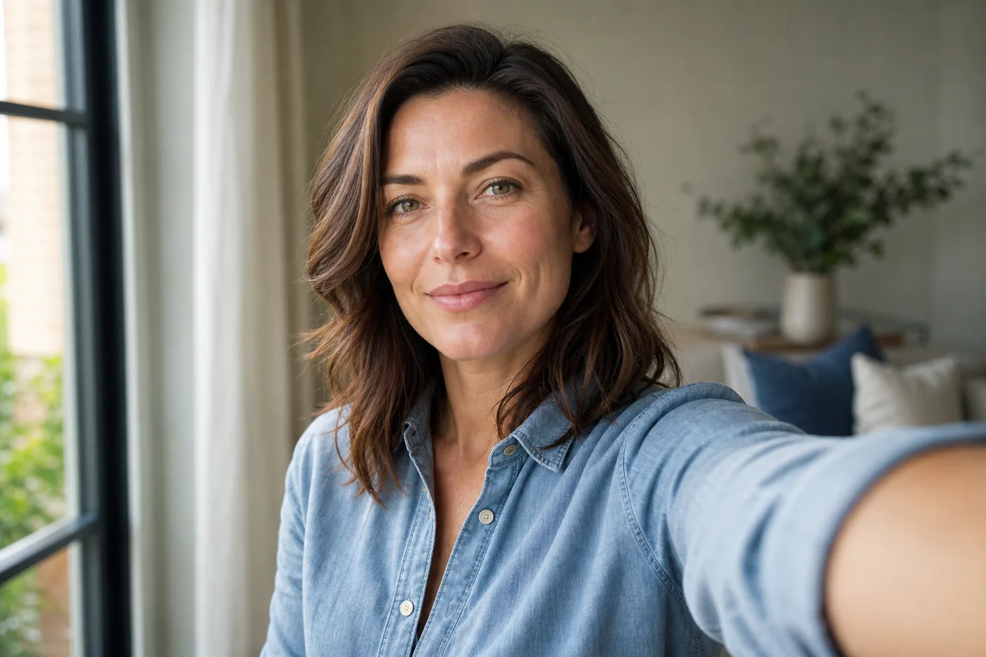 Adult taking a softly lit natural portrait near a window