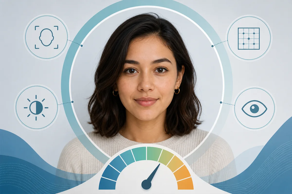 Editorial illustration of a face photo, image-quality cues, and an apparent-age range gauge