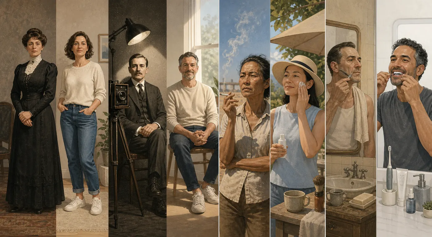 Illustrated comparison of fashion, photography, sun, smoking, dental care, and grooming cues