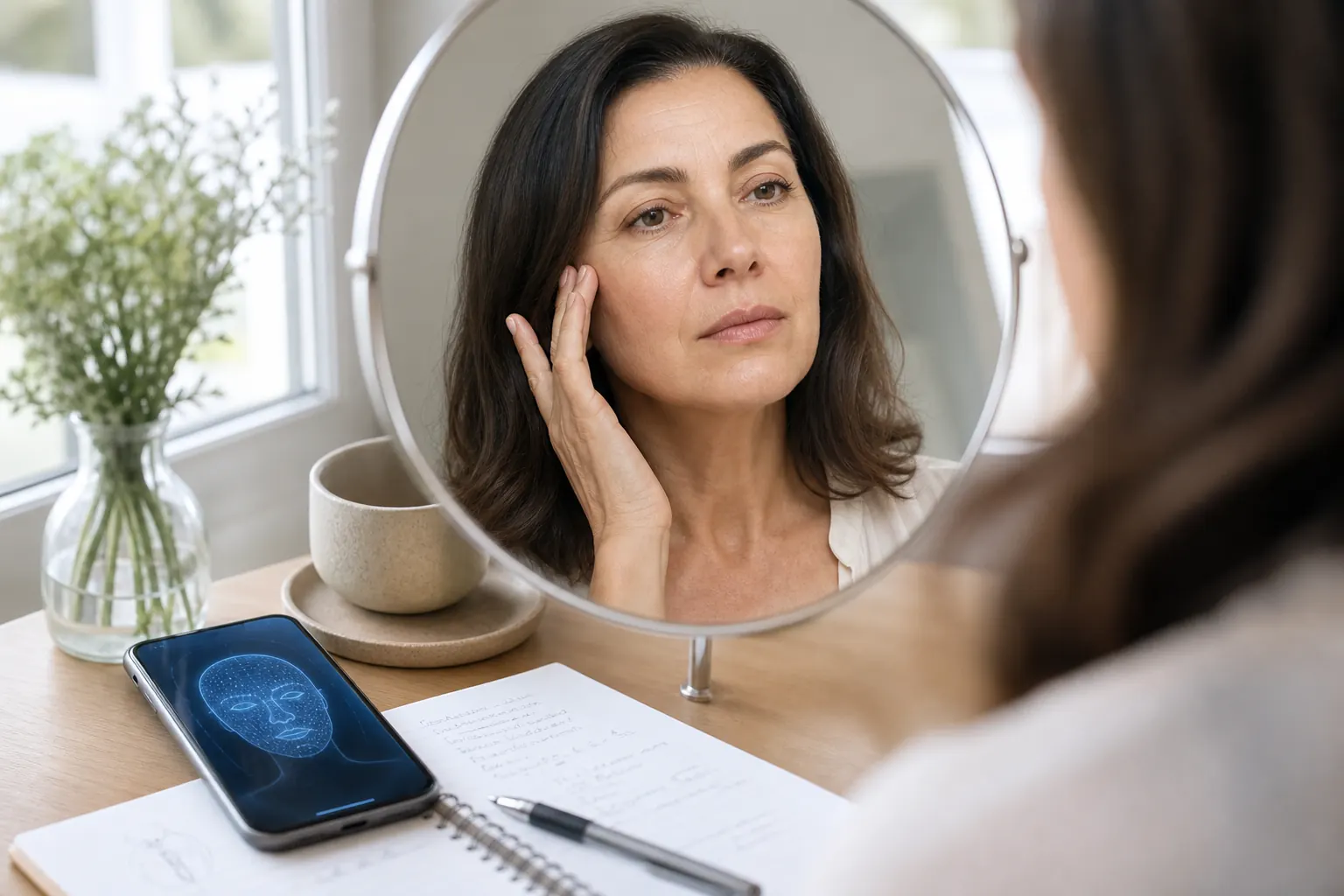Person checking facial age cues in a mirror with an AI age analysis concept nearby