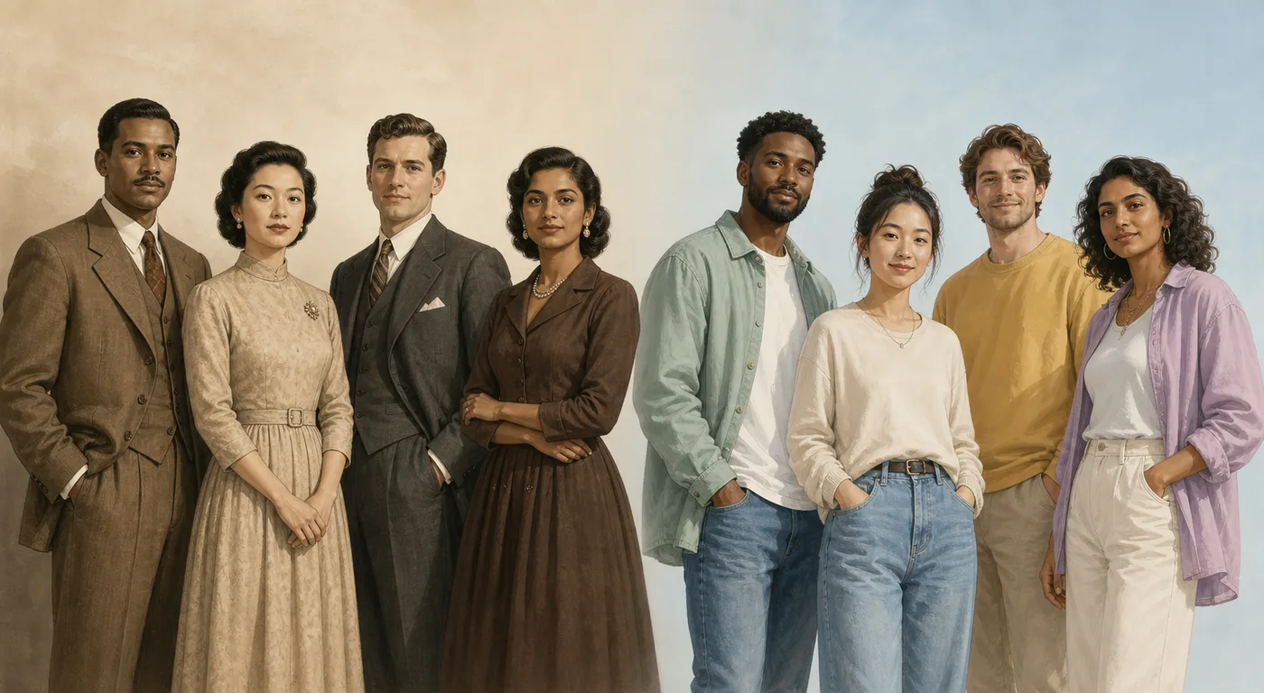 Editorial comparison of equally aged adults in vintage and modern styling