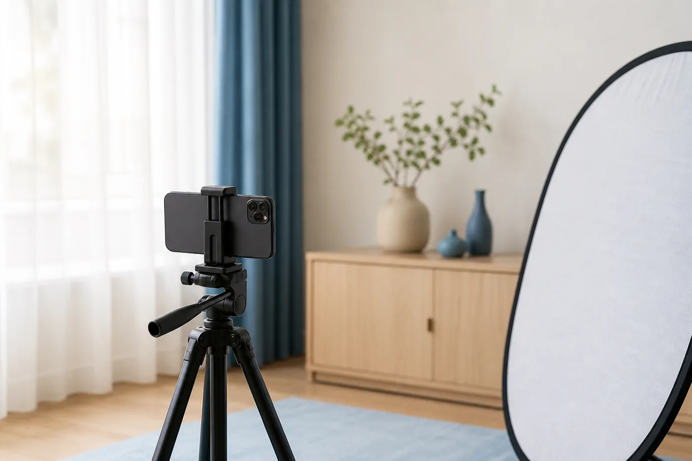 Smartphone portrait setup with window light, tripod, and reflector