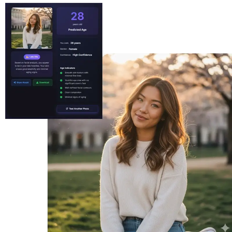 Face age prediction report showing late 20s with detailed analysis