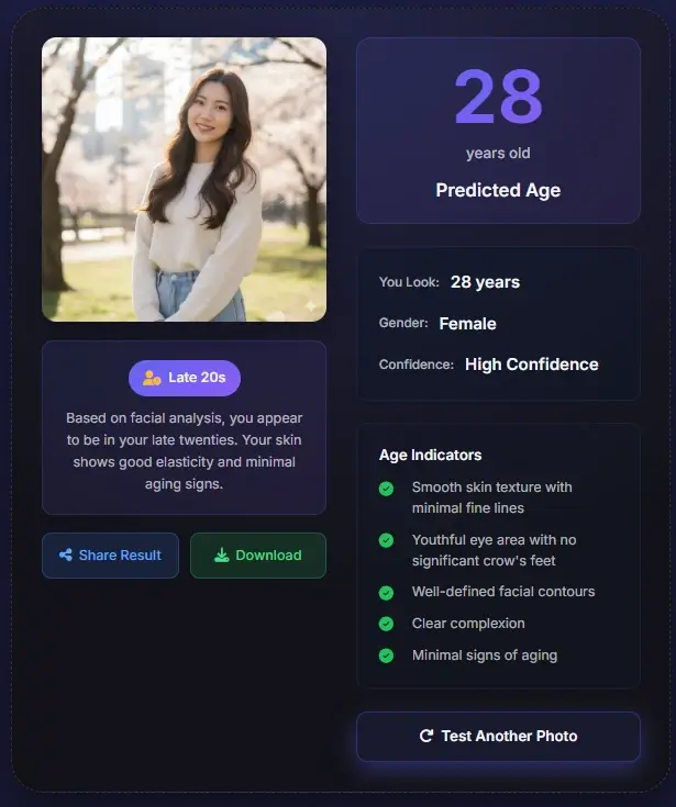 Female age detection result - 28 years old outdoor portrait