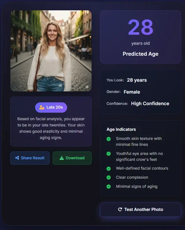Female age detection result - 28 years old outdoor portrait