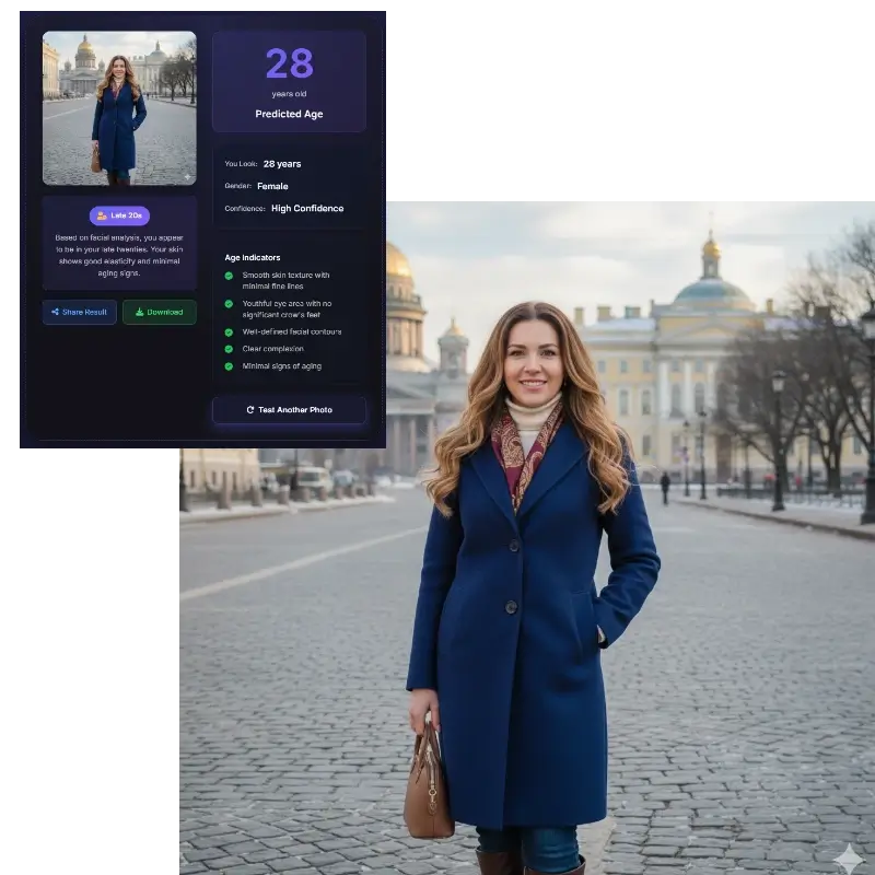 Female age detection result - 28 years old street portrait