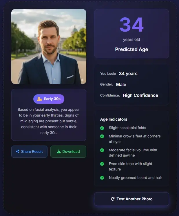 Male age detection result - 34 years old formal portrait